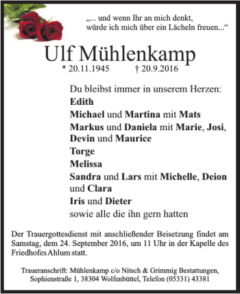 Traueranzeige von Ulf Mühlenkamp von Wolfenbütteler Zeitung