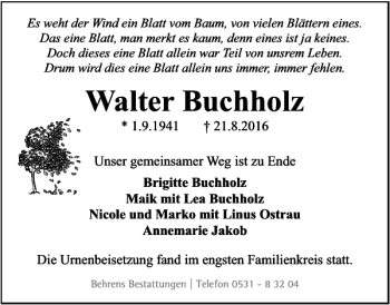 Traueranzeige von Walter Buchholz von Braunschweiger Zeitung