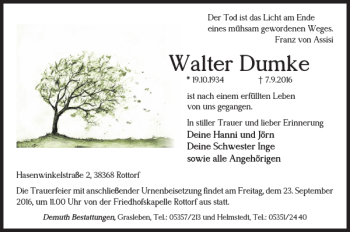 Traueranzeige von Walter Dumke von Helmstedter Nachrichten