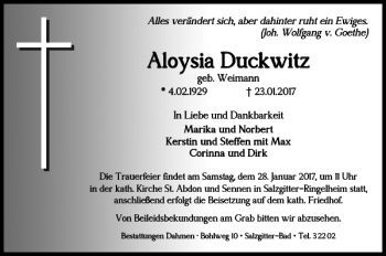 Traueranzeige von Aloysia Duckwitz von Salzgitter Zeitung