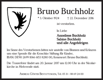 Traueranzeige von Bruno Buchholz von Braunschweiger Zeitung