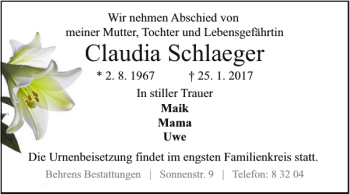 Traueranzeige von Claudia Schlaeger von Braunschweiger Zeitung