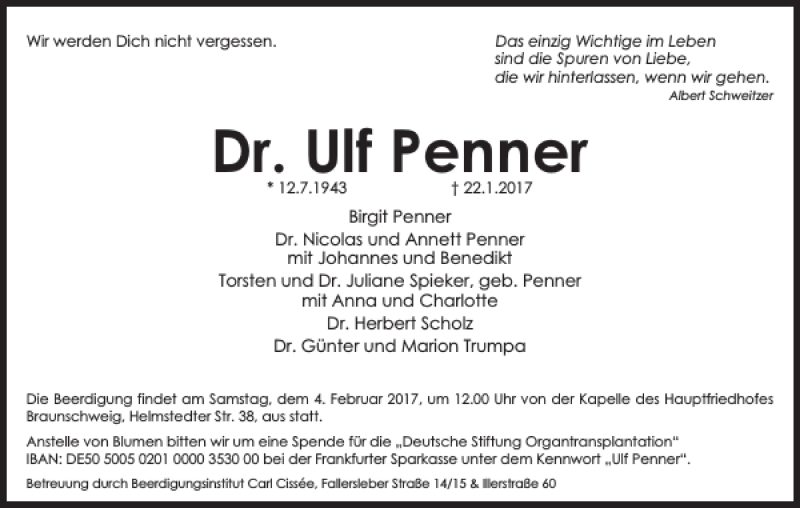  Traueranzeige für Dr. Ulf Penner vom 28.01.2017 aus Braunschweiger Zeitung