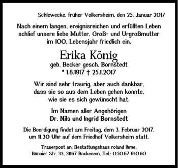 Traueranzeige von Erika Kõnig von Braunschweiger Zeitung