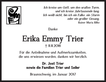 Traueranzeige von Erika Emmy Trier von Braunschweiger Zeitung