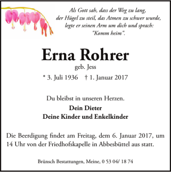 Traueranzeige von Erna Rohrer von Wolfsburger Nachrichten