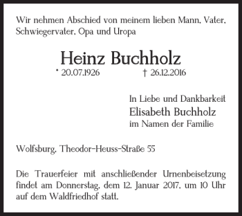 Traueranzeige von Heinz Buchholz von Wolfsburger Nachrichten