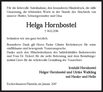 Traueranzeige von Helga Hornbostel von Peiner Nachrichten