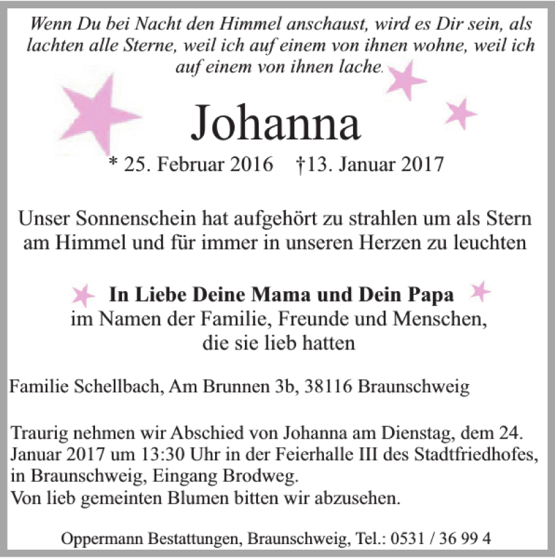  Traueranzeige für Johanna  vom 20.01.2017 aus Braunschweiger Zeitung