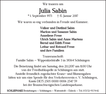Traueranzeige von Julia Sabin von Helmstedter Nachrichten