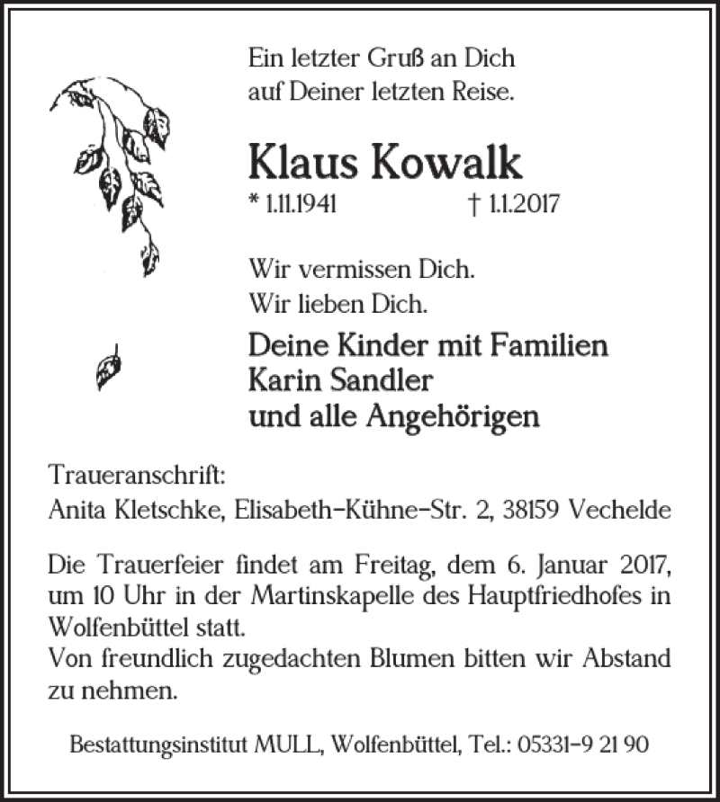  Traueranzeige für Klaus Kowalk vom 04.01.2017 aus Wolfenbütteler Zeitung