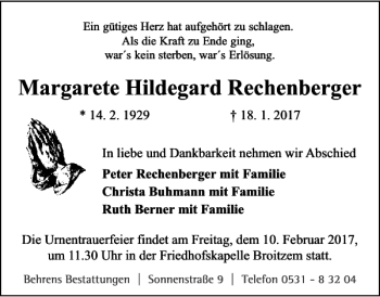 Traueranzeige von Margarete Hildegard Rechenberger von Braunschweiger Zeitung