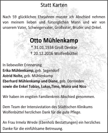 Traueranzeige von Otto Mühlenkamp von Wolfenbütteler Zeitung