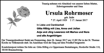 Traueranzeige von Ursula Rohrmoser von Braunschweiger Zeitung