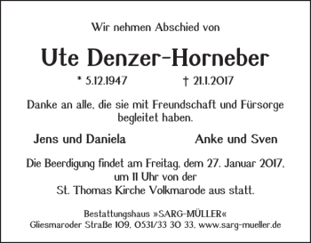 Traueranzeige von Ute Denzer-Horneber von Braunschweiger Zeitung