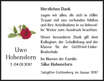 Traueranzeige von Uwe Hohenstern von Salzgitter Zeitung
