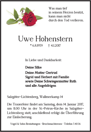 Traueranzeige von Uwe Hohenstern von Salzgitter Zeitung