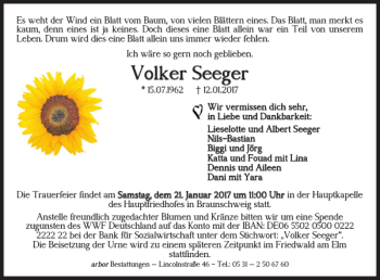 Traueranzeige von Volker Seeger von Braunschweiger Zeitung