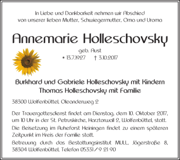 Traueranzeige von Annemarie Holleschovsky von Wolfenbütteler Zeitung