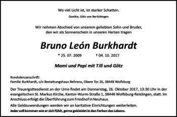 Traueranzeige von Bruno León Burkhardt von Wolfsburger Nachrichten