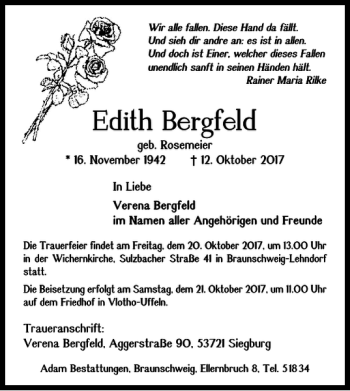 Traueranzeige von Edith Bergfeld von Braunschweiger Zeitung