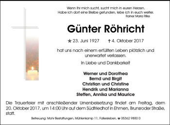 Traueranzeige von Günter Röhricht von Wolfsburger Nachrichten