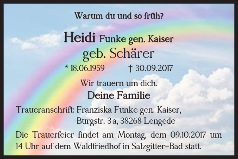  Traueranzeige für Heidi Funke vom 07.10.2017 aus Salzgitter Zeitung