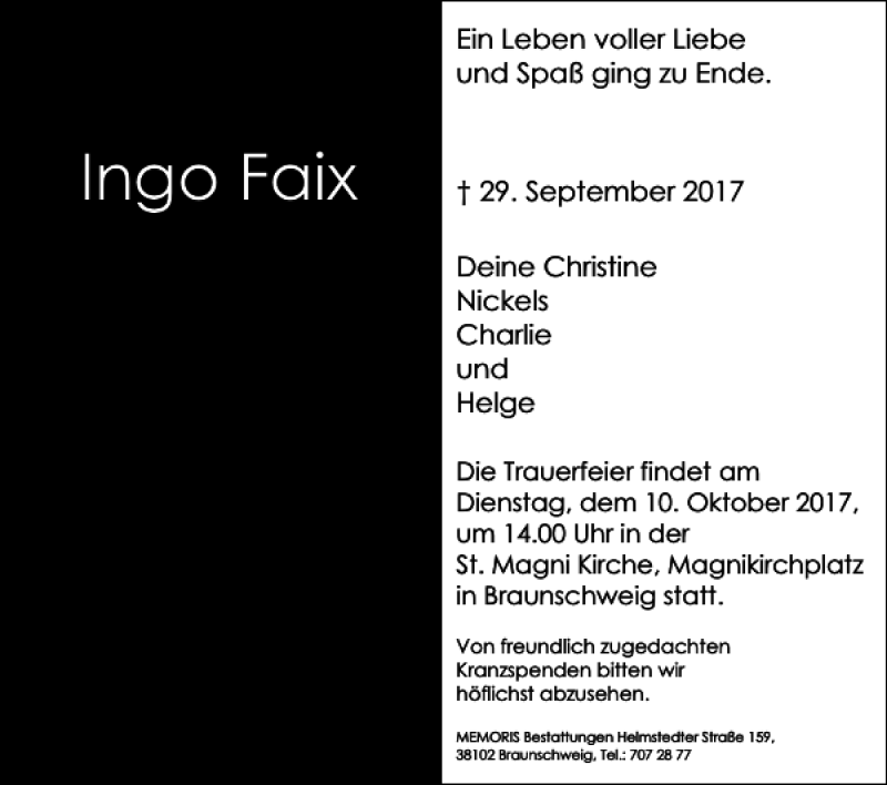  Traueranzeige für Ingo Faix vom 04.10.2017 aus Braunschweiger Zeitung