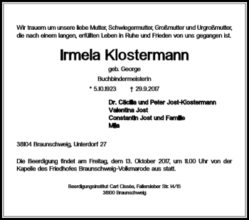 Traueranzeige von Irmela Klostermann von Braunschweiger Zeitung