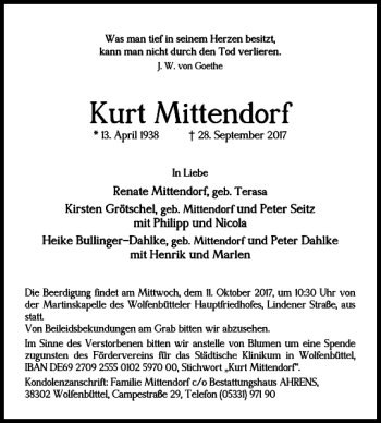 Traueranzeige von Kurt Mittendorf von Wolfenbütteler Zeitung