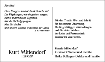 Traueranzeige von Kurt Mittendorf von Wolfenbütteler Zeitung