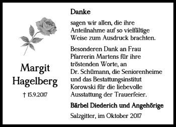 Traueranzeige von Margit Hagelberg von Peiner Nachrichten