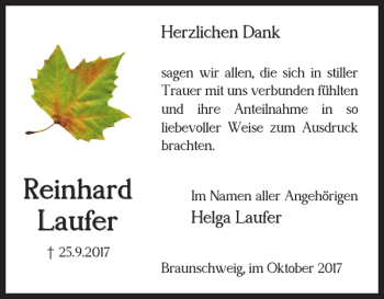 Traueranzeige von Reinhard Laufer von Braunschweiger Zeitung