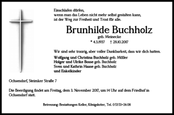 Traueranzeige von Brunhilde Buchholz von Helmstedter Nachrichten