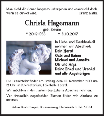 Traueranzeige von Christa Hagemann von Braunschweiger Zeitung