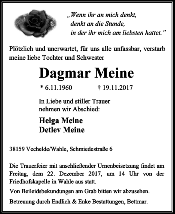 Traueranzeige von Dagmar Meine von Peiner Nachrichten