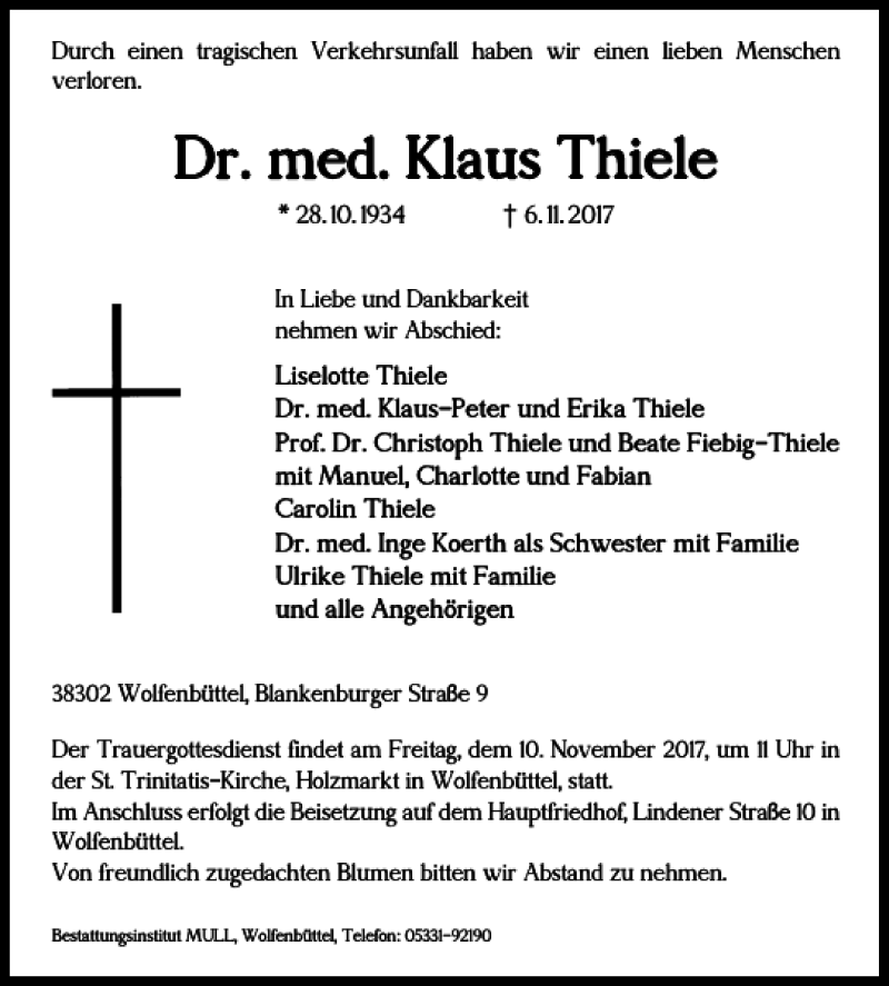  Traueranzeige für Dr. med. Klaus Thiele vom 09.11.2017 aus Wolfenbütteler Zeitung