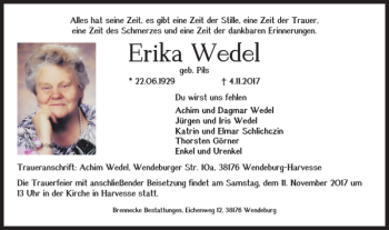Traueranzeige von Erika Wedel von Braunschweiger Zeitung