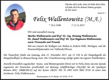 Traueranzeige von Felix Wallentowitz Felix Wallentowitz Felix Wallentowitz M. A  von Braunschweiger Zeitung