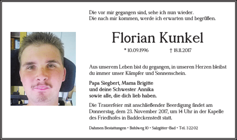  Traueranzeige für Florian Kunkel vom 21.11.2017 aus Salzgitter Zeitung