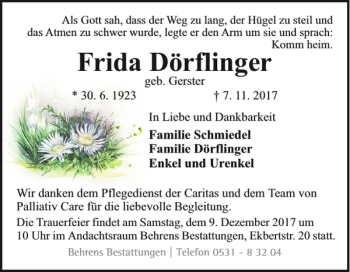 Traueranzeige von Frida Dörflinger von Braunschweiger Zeitung