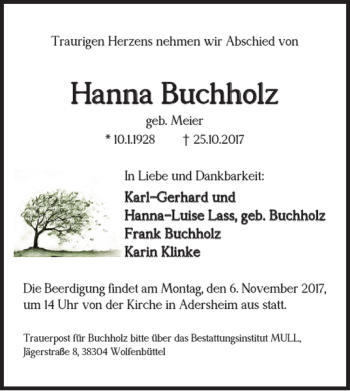 Traueranzeige von Hanna Buchholz von Braunschweiger Zeitung