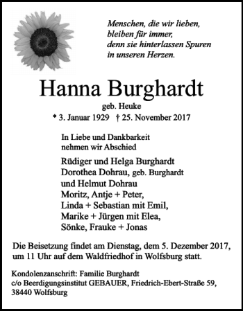Traueranzeige von Hanna Burghardt von Wolfsburger Nachrichten