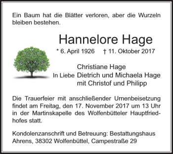 Traueranzeige von Hannelore Hage von Wolfenbütteler Zeitung