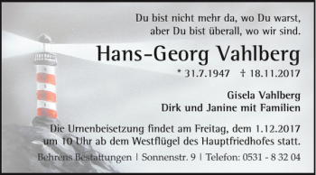 Traueranzeige von Hans-Georg Vahlberg von Braunschweiger Zeitung