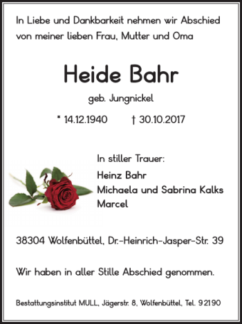 Traueranzeige von Heide Bahr von Wolfenbütteler Zeitung