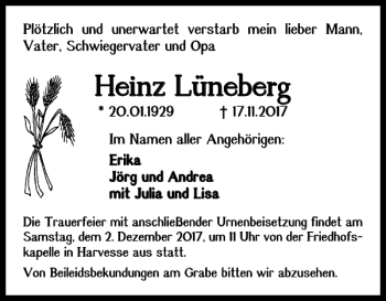 Traueranzeige von Heinz Lüneberg von Peiner Nachrichten