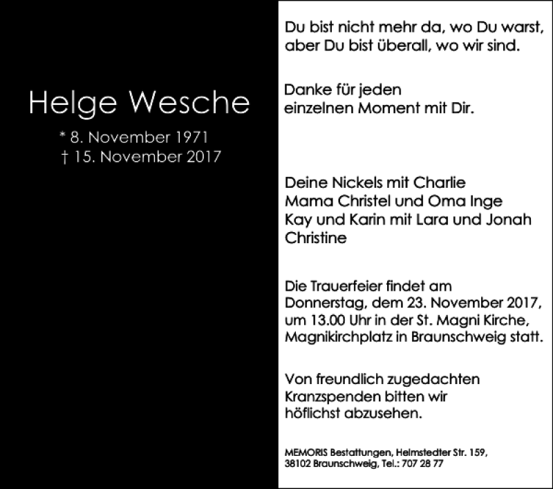  Traueranzeige für Helge Wesche vom 18.11.2017 aus Braunschweiger Zeitung