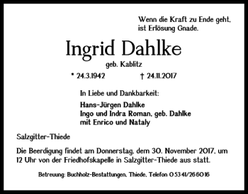 Traueranzeige von Ingrid Dahlke von Salzgitter Zeitung