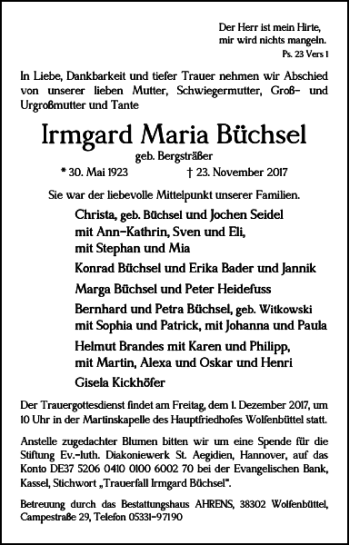 Traueranzeige von Irmgard Maria Büchsel von Braunschweiger Zeitung
